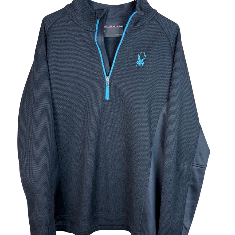 Spyder Mens XXL Black Teal 1/4 Zip Textured Fleece‎ Lined Pullover Activewear